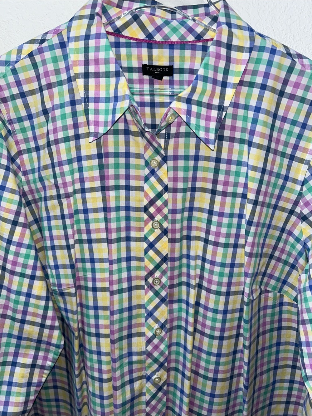 Talbots Plus Blue, Yellow, Purple Plaid Long-Sleeve Button-Down Shirt 2X in EUC